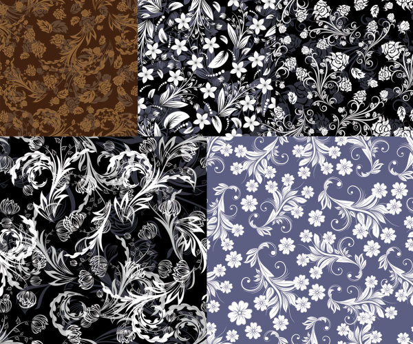 Beautiful Floral pattern background vector shading green four continuous flowers brown background   