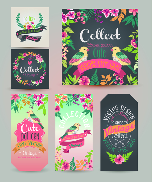 Flower with birds vintage cards vector 01 vintage flower cards birds   