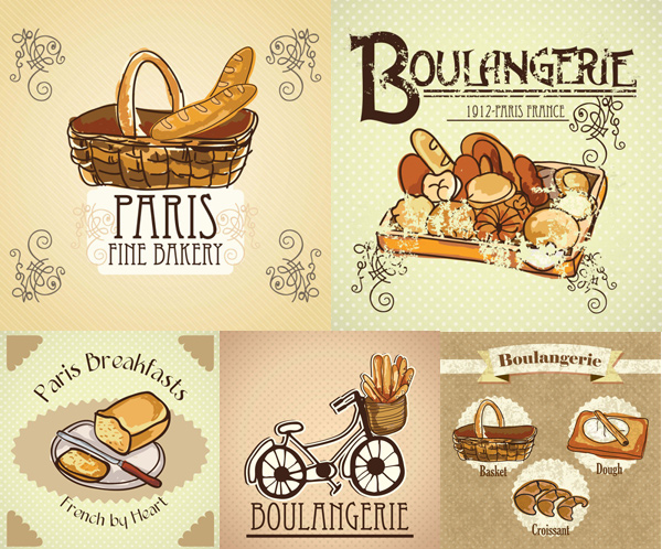 Cartoon illustration of bread vector set knives illustration cartoon bread bicycle label bakery   