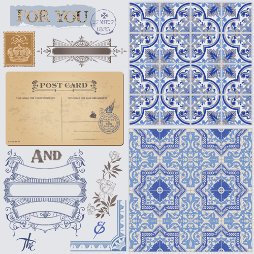 Vintage postcard with blue ornament elements vector 05 vintage postcard ornament elements   