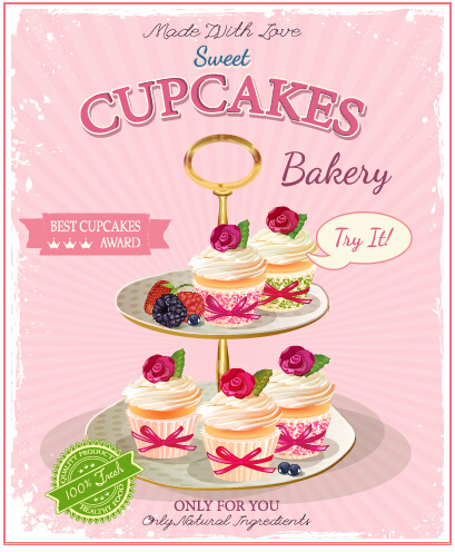 Retro advertising poster cupcakes vector 02 Retro font cupcake advertising   