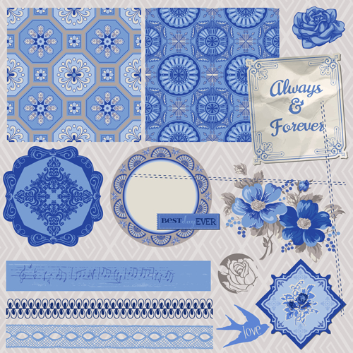 Vintage postcard with blue ornament elements vector 03 postcard ornament elements blue   