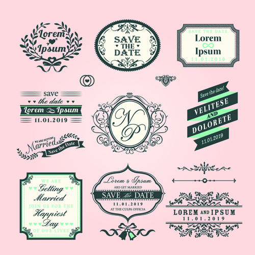 Romantic wedding labels design vector wedding Vintage Style vintage romantic labels label frames border   