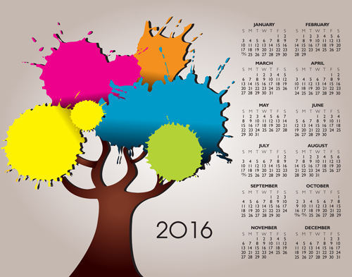 2016 Calendars with watercolor tree vector watercolor tree calendars 2016   
