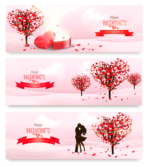 Heart tree with valentine day banners vector set Valentine tree heart day banners   