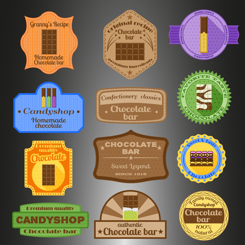 Chocolate badges with labels vector set vintage styles frames design   