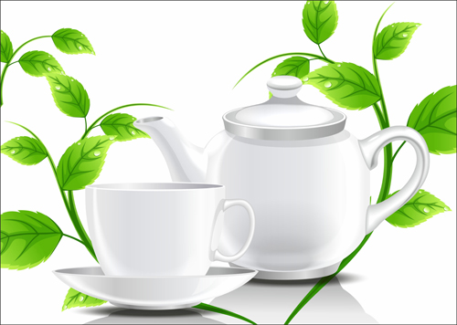 Teacup teapot and green leaves background vector 02 teapot teacup leaves background green leaves green background   