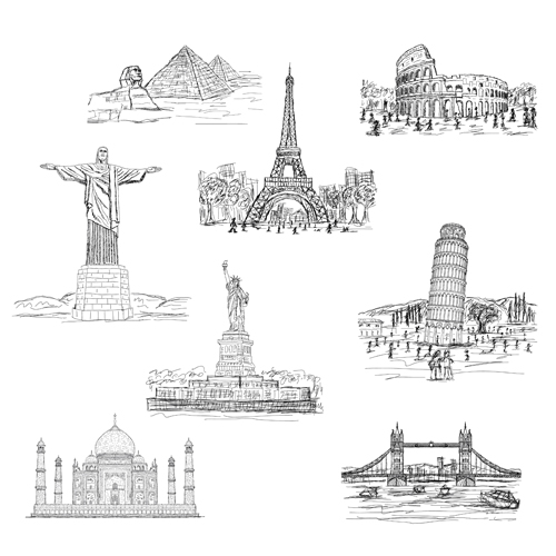 Sketch world famous buildings vector material world sketch famous buildings   