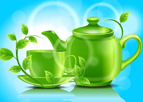 Teacup teapot and green leaves background vector 01 teapot teacup leaves background green leaves   