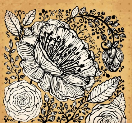 Retro hand drawning flowers background vector Retro font hpainted flowers background11   