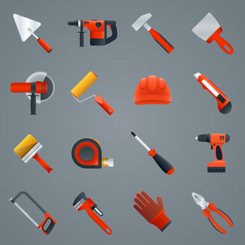 Red working tools icons vectors working tools repair construction   