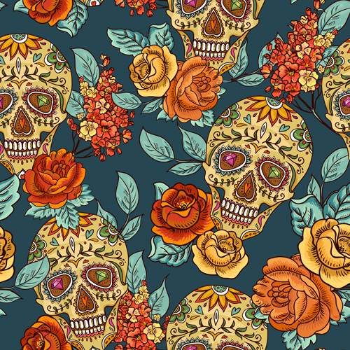 Floral with skull vector seamless pattern 02 skull floral   