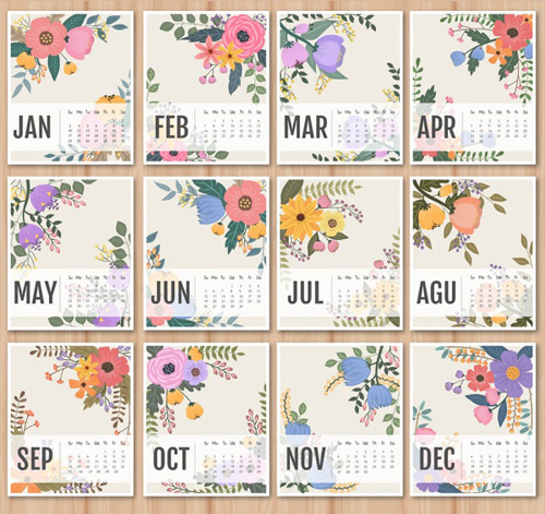 2016 calendar with retro flower vectors Retro font flower calendar 2016   