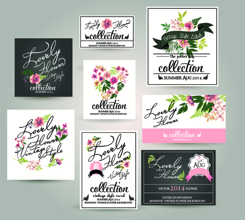 Cards with elegant flower vector set flower elegant cards   