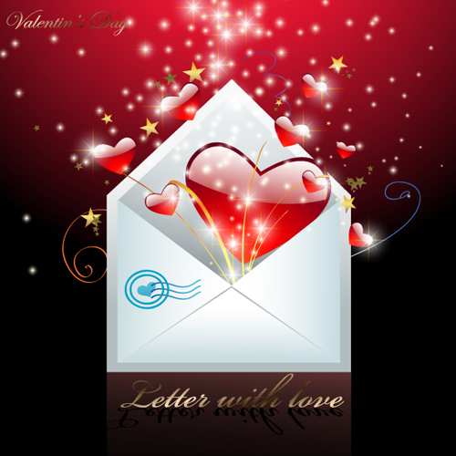 Shiny red heart with envelope valentines day cards valentines shiny red heart envelope cards   