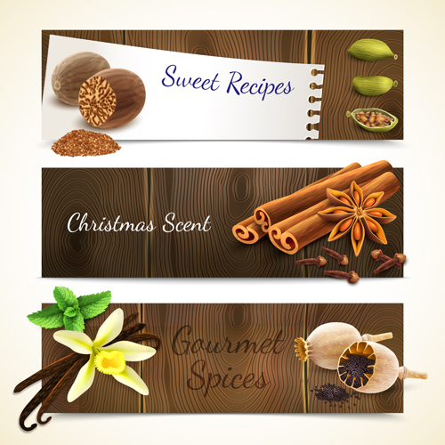 Spices with wooden textures banners vector wooden textures spices   