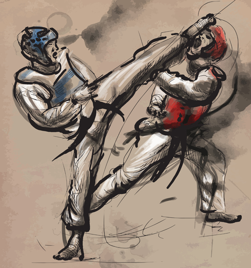 Taekwondo watercolor hand drawing vector 08 watercolor Taekwondo design   