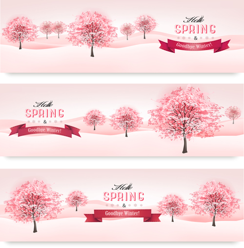 Pink style spring trees banners vector graphics 01 trees spring pink banners banner   