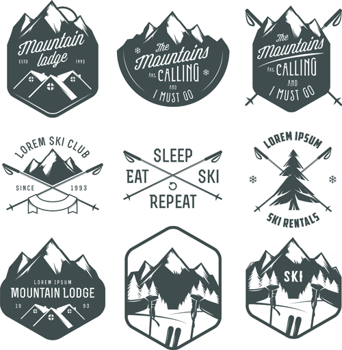 Skiing logos vector retor design skiing logos   