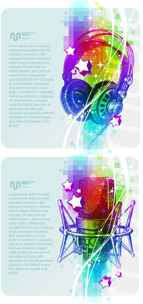 Music background vector material stars posters music mike headphone gorgeous earphone dynamic background   