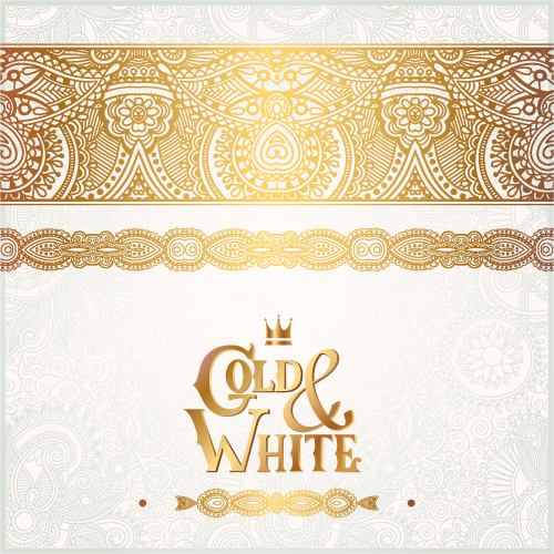 Gold with white floral ornaments background vector illustration set 12 white ornaments gold floral background   