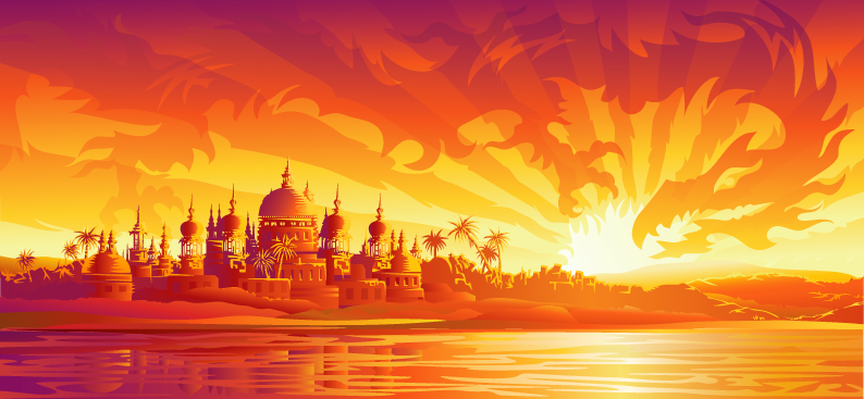 Ancient city with fiery dragon vector background Vector Background fiery dragon city ancient   