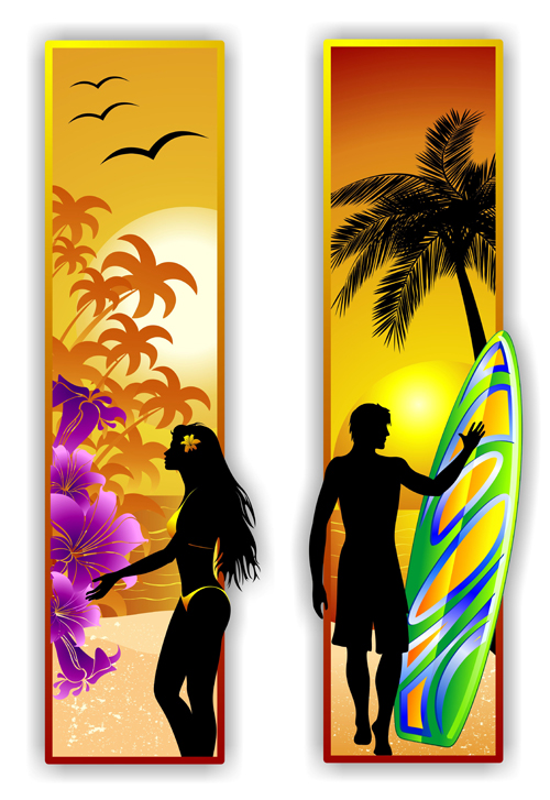 Beach travel people silhouette banner vector 02 silhouette people beach banner   