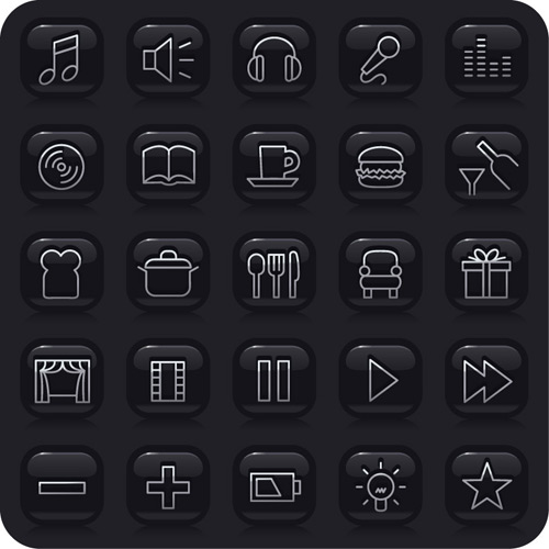 Simple black Icon vector Tableware star sonic play control musical sound microphone line Light bulbs kitchen utensils headphones hamburger gifts film curtain cups chair cd buttons bottles books beverage batteries   