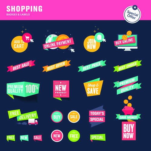 Shopping ribbon labels and badges vector 02 shopping ribbon labels badges badge   