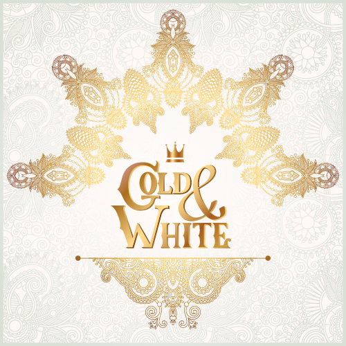 Gold with white floral ornaments background vector illustration set 13 white ornaments gold floral background   