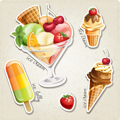 Fresh fruit and ice cream vector set 01 ice cream ice fruit fresh cream   