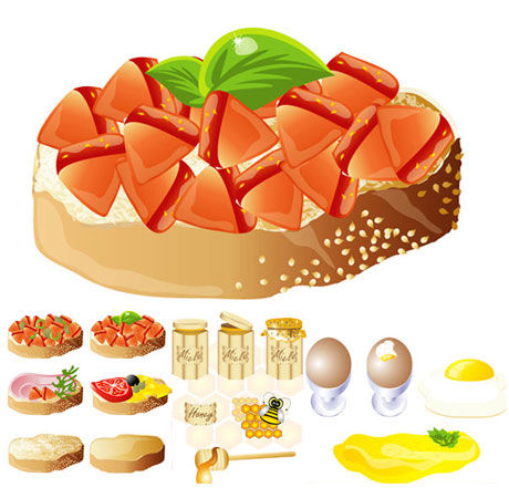 rich and delicious food design vector tomato sauce strawberry spoon rice bowl pizza milk Italy noodles honey fruit egg   