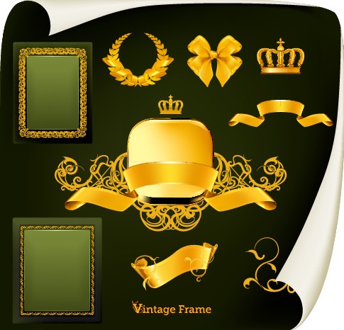 Golden emblem and frames Decorative elements vector 01 golden gold frames emblem elements element decorative   