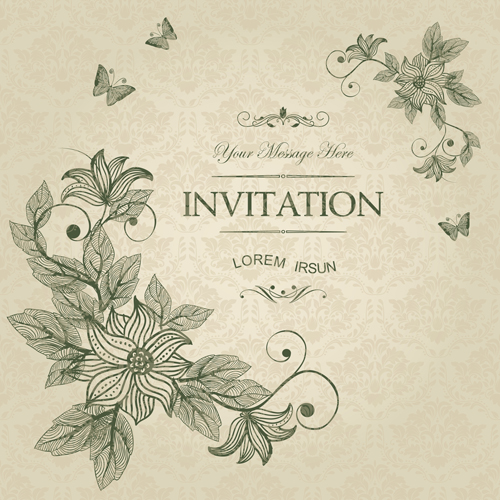Vintage flower with butterfly Invitation cards vector vintage invitation cards invitation flower butterfly   