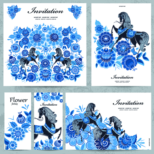 Blue floral with horse pattern cards vector Pattern card horse floral cards blue   