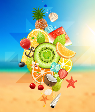 Summer fruits with beach vector background Vector Background summer fruits beach background   