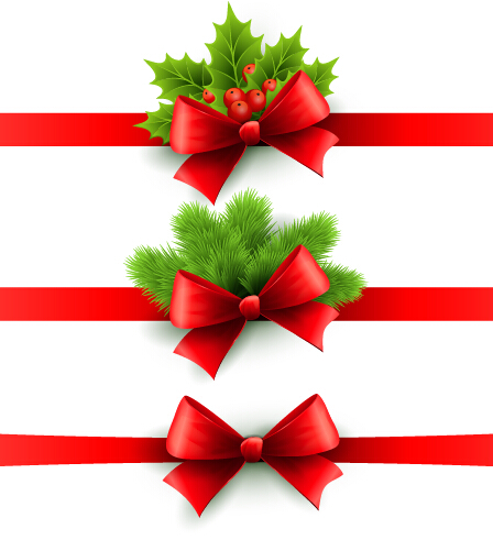 Christmas holly with red bow banners vector red holly christmas bow banners   