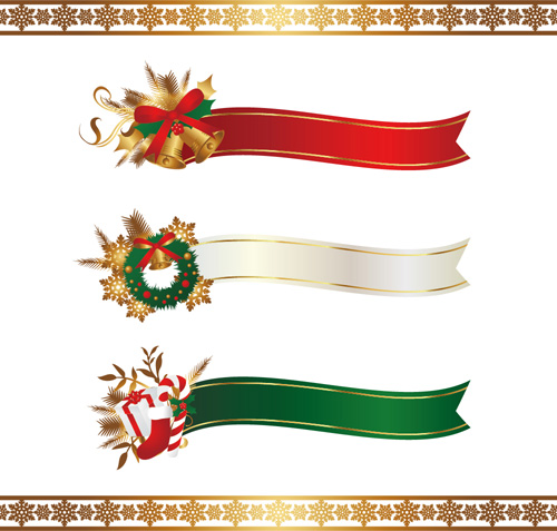 Christmas ribbon banners with snowflake borders vector   