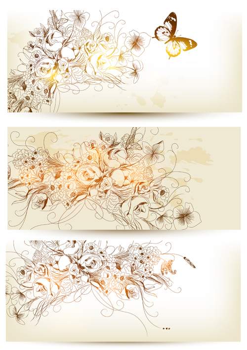 Hand drawn floral with butterflies vector banner hand drawn floral butterflies banner   