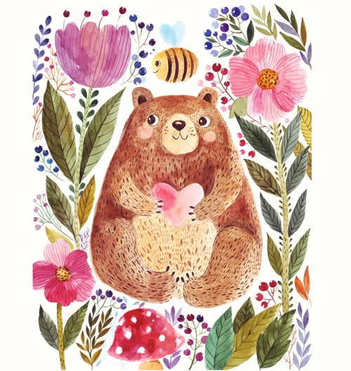 Hand drawn bear with flower vector 01 hand flower drawn bear   