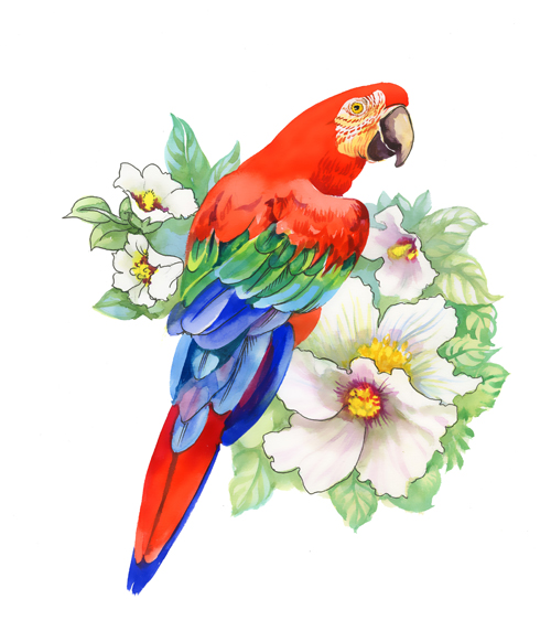 Watercolor drawn birds with flowers vector design 05 watercolor flowers flower birds   