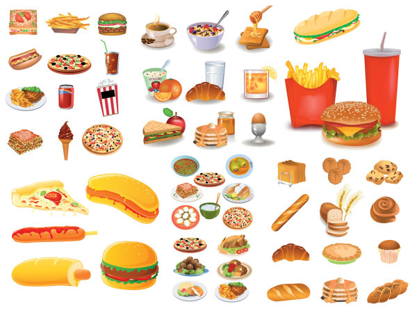 breakfast with pastries vector graphic Western-style food toast steak soup sausage popcorn pizza oranges lemon tea ice cream hot dogs honey hamburgers french fries fast food drinks cups croissant cola coffee cake breakfast beverage   