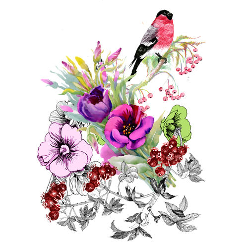 Watercolor drawn birds with flowers vector design 02 watercolor flowers birds   