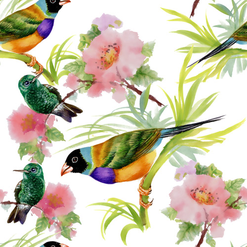 Watercolor drawn birds with flowers vector design 01 watercolor flowers birds   