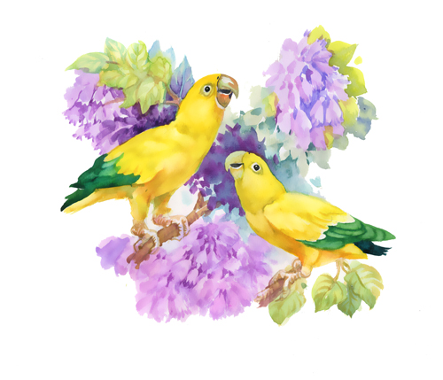 Watercolor drawn birds with flowers vector design 03 watercolor flowers birds   