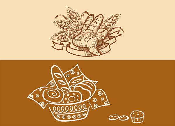 Hand drawn Bakeries art wheat snacks ribbon pastries food bread basket   