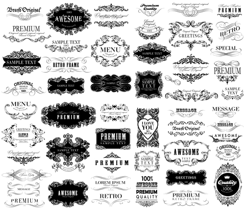 Black vintage ornaments with labels and ribbon vector 01 vintage ribbon ornaments labels black   