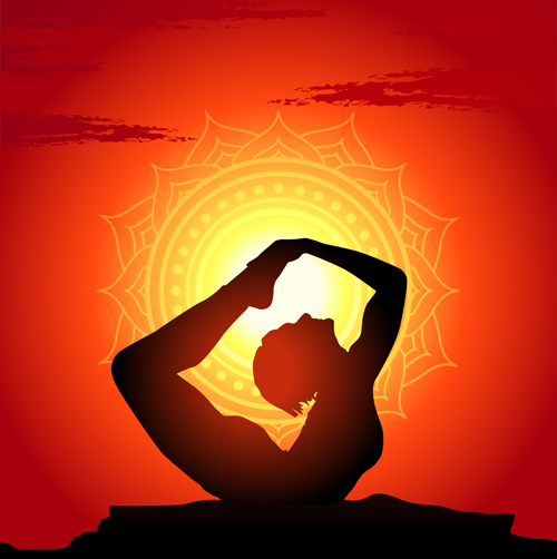 Yoga silhouetter with sunset background vectors 05 background   