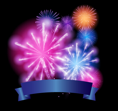 Colorful fireworks with ribbon vector background 01 ribbon Fireworks colorful background   