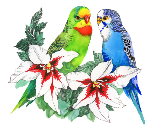 Watercolor drawn birds with flowers vector design 04 watercolor flowers birds   